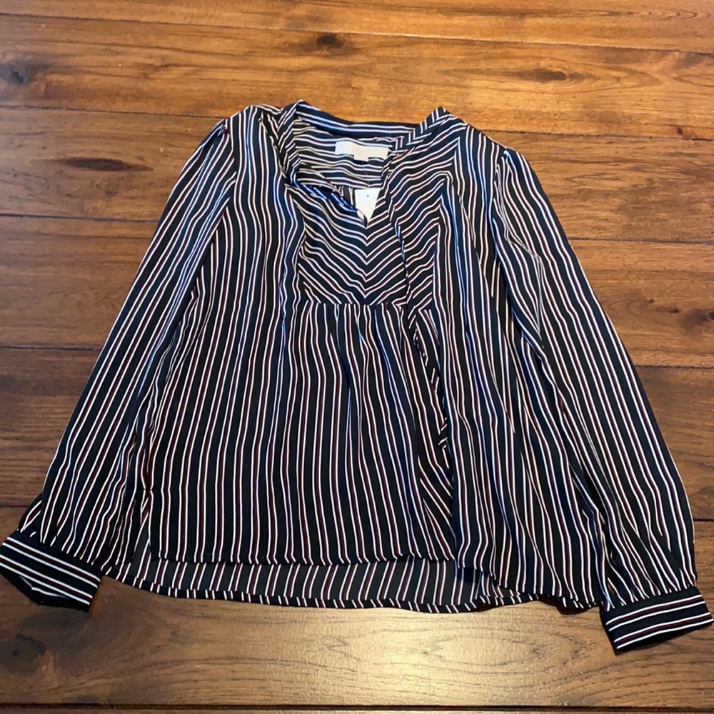 LOFT blouse with red, white and black stripes, size small.